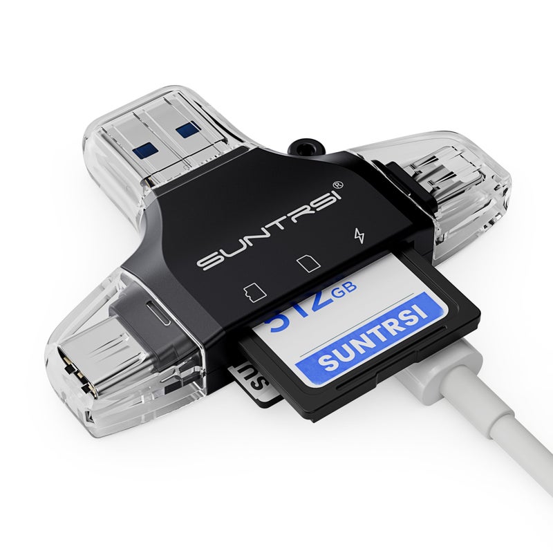 SUNTRSI 4 in 1 SD Card Reader for iPhone ipad Android Mac PC Camera,Micro SD Card Reader SD Card Adapter Portable Memory Card Reader Trail Camera Viewer for SD and TF Card - Image 1